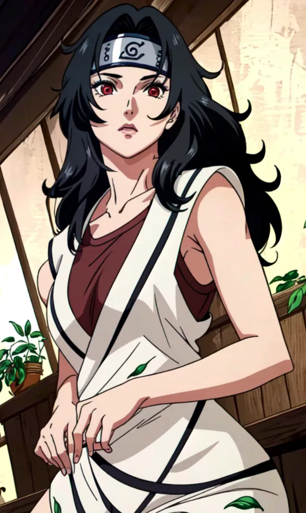 This is an image of a kunoichi from the anime series Naruto. She has long black hair, red eyes, and a headband with the symbol of the Hidden Leaf Village on it. She is wearing a white and red outfit, and she has a serious expression on her face.