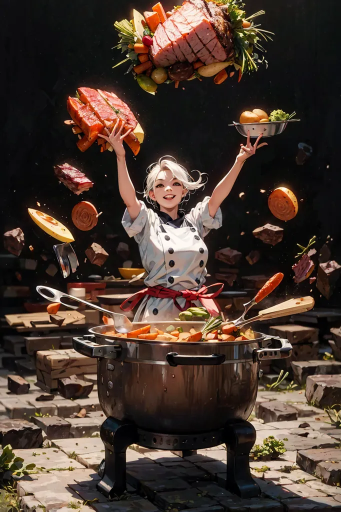 A young woman in a chef's outfit is shown in the middle of a kitchen. She is surrounded by various ingredients and cooking utensils, some of which are floating in the air around her. She has her arms raised and is smiling. She is wearing a white chef's coat and a red apron.