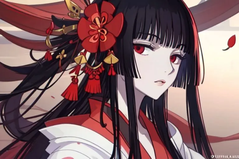 The picture shows a beautiful anime girl with long black hair and red eyes. She is wearing a red and white kimono with a white obi. Her hair is tied up in a bun with a red ribbon. She has a serious expression on her face. The background is a red and white gradient with a few red leaves falling.