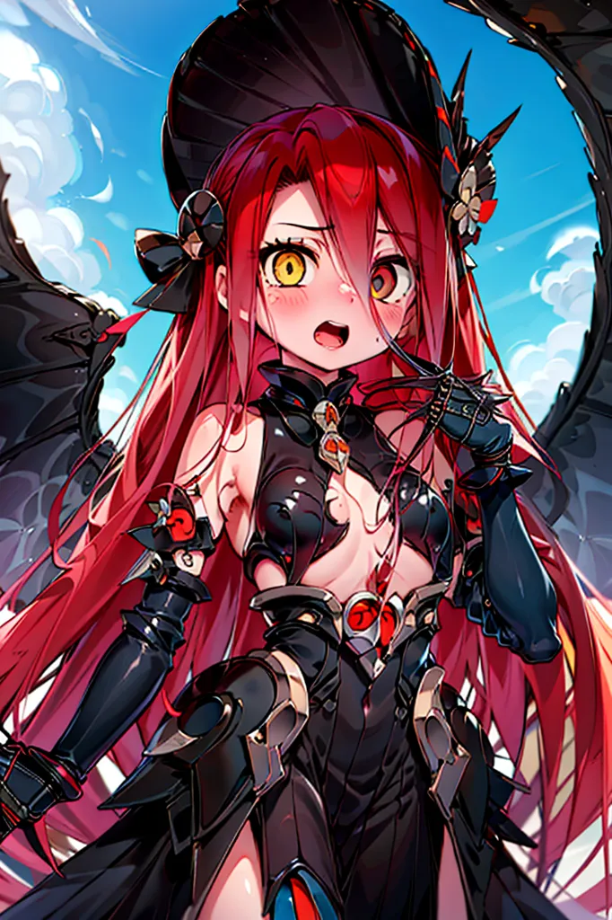 This image shows a young woman with long red hair and yellow eyes. She is wearing a black and red dress with a corset and a long skirt. She also has black wings and a black hat with a red rose on it. She is standing in front of a blue sky with white clouds.