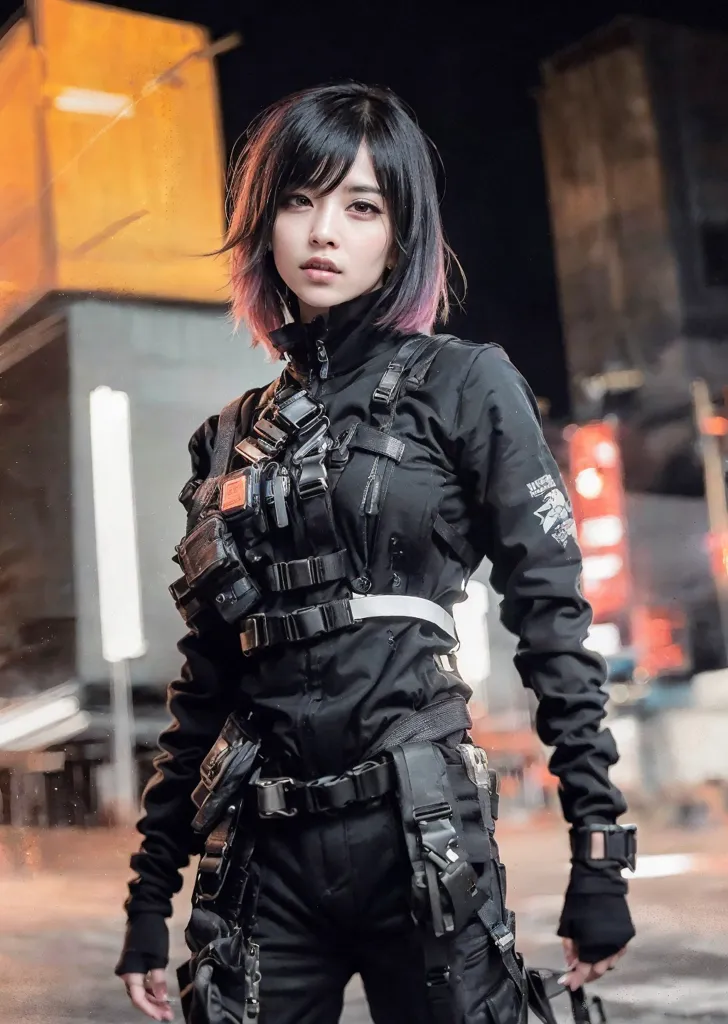 The image shows a young woman dressed in a black tactical outfit. She has short black hair and purple highlights. She is wearing a black jacket with a white stripe down the side and black pants with a white belt. She is also wearing a black tactical vest with various pockets and pouches. She has a confident expression on her face and looks like she is ready for action.