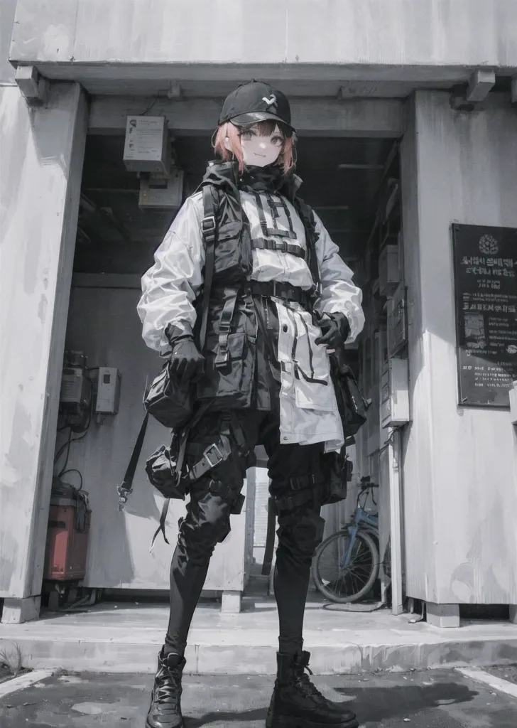 The image is in black and white. It shows a young woman with short pink hair and red eyes. She is wearing a white jacket, black pants, and a black cap. She is also wearing a lot of tactical gear, including a chest rig, a backpack, and a leg holster. She has a serious expression on her face. She is standing in front of a door. There is a bicycle leaning against the wall behind her.