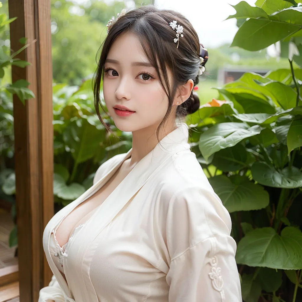 The image shows a young woman wearing a white robe with a deep V-neckline. The robe is tied closed with a sash at the waist. The woman has long, dark hair that is styled in a traditional Korean bun. She is also wearing traditional Korean makeup, with a light foundation and bright red lipstick. The woman is standing in a lush garden, with green leaves and flowers in the background.