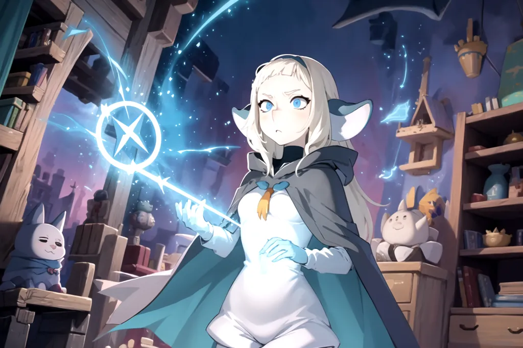 The image is of a young girl with white hair and blue eyes. She is wearing a white dress with a blue cloak. She is standing in a room with a wooden floor and there are shelves on the walls. There is a blue cat on the shelf to her right. She is holding a staff with a glowing blue orb at the end. She is looking at the orb with a serious expression on her face.