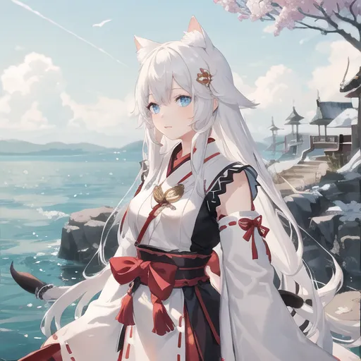 The image depicts an anime-style girl with white hair and blue eyes. She is wearing a white and red kimono with a red obi sash. She has a fox tail and fox ears. She is standing on a rocky shore with a large body of water behind her. There is a building on the shore and cherry blossoms on the trees. The sky is blue and there are some clouds in the sky.