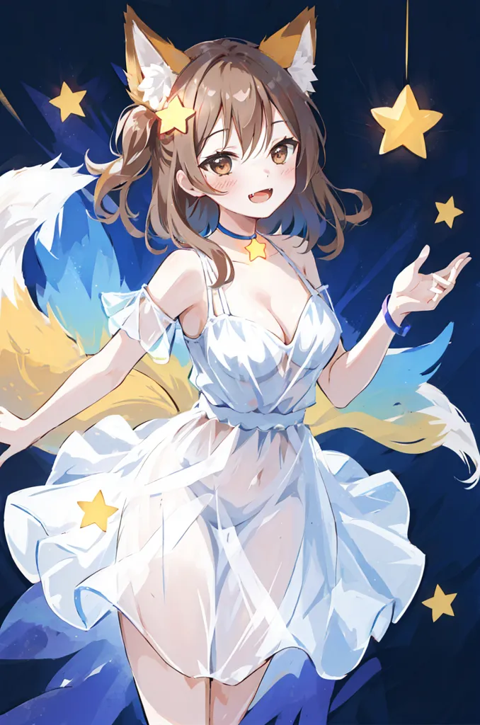 The image is of an anime-style girl with brown hair and fox ears. She is wearing a white dress with a star necklace and has a star on her left hand. She is smiling and has her arms outstretched. She has a fluffy tail that is mostly blue with a yellow tip. There are stars in the background and she appears to be standing on a dark blue surface.