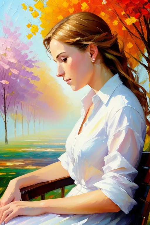 This image is a painting of a beautiful woman sitting on a bench in a park. The woman is wearing a white blouse and has long brown hair. Her eyes are cast downward and she has a pensive expression on her face. The background of the painting is a colorful landscape with trees and flowers. The painting is done in a realistic style and the colors are vibrant and lifelike.