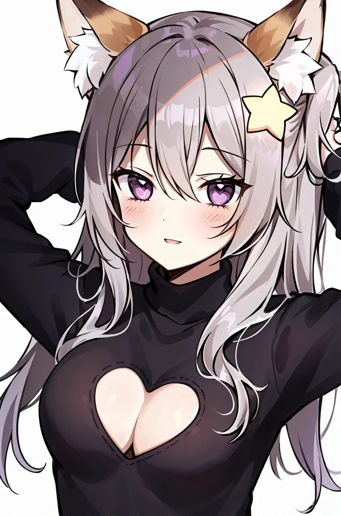 The image is of an anime-style girl with long silver hair and purple eyes. She is wearing a black turtleneck sweater with a heart-shaped cutout at the chest. She has fox ears and a star-shaped hair clip in her hair. She is smiling and has a slight blush on her cheeks.