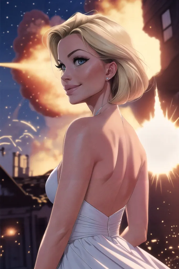 The picture shows a beautiful woman with blond hair and blue eyes. She is wearing a white dress and looking over her shoulder at the viewer. There is an explosion in the background.