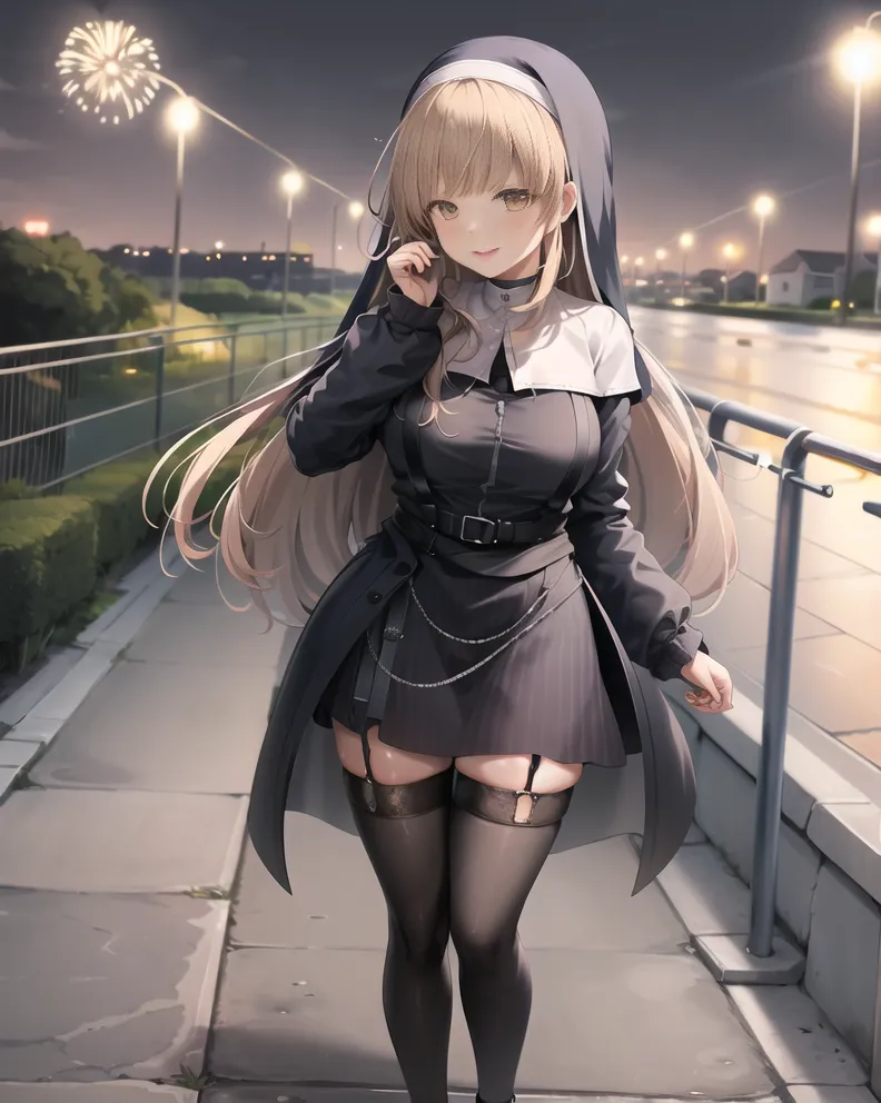 The image is of a young woman dressed in a nun's habit. She is standing on a sidewalk in front of a fence. The background is a blurred cityscape at night. The woman is looking at the camera with a shy smile on her face. She has long blonde hair and blue eyes. She is wearing a black dress with a white collar. The dress is belted at the waist with a brown belt. She is also wearing black stockings and brown shoes.