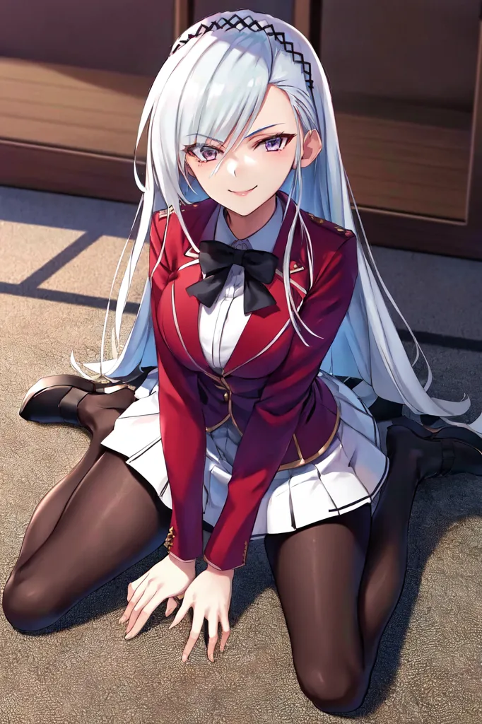 The image depicts a young woman with a slim build and long silver hair kneeling on the floor. She is wearing a red blazer with a white undershirt and a gray skirt. The woman has black stockings and brown shoes. She has a confident expression on her face and is looking at the viewer.