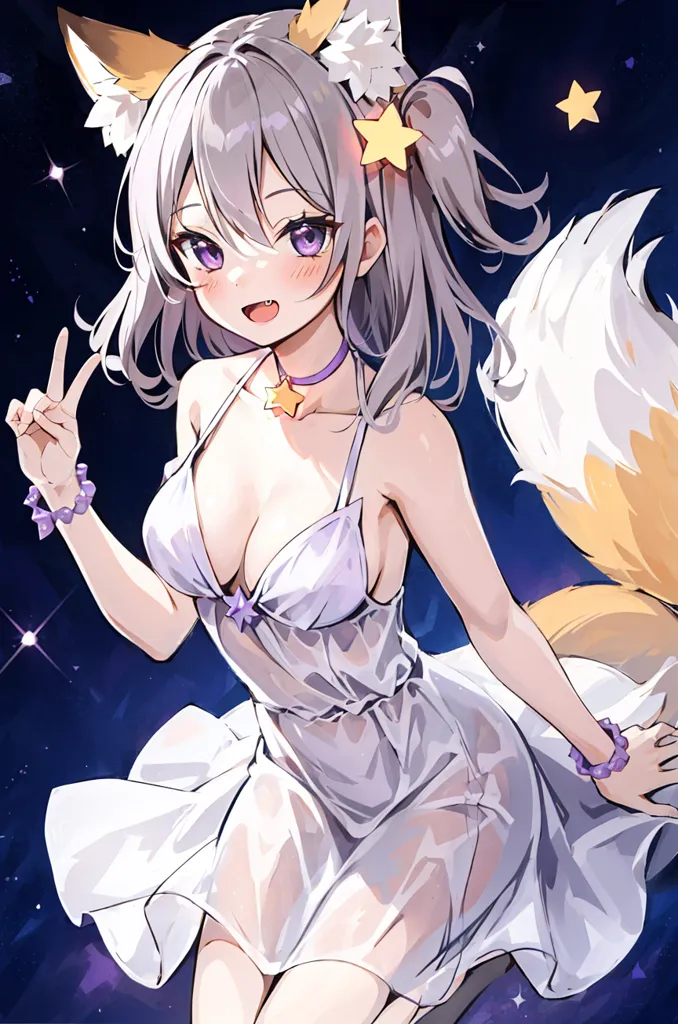 The image is of an anime-style girl with fox ears and a tail. She is wearing a white dress with a star necklace and bracelets on her wrists and ankles. She has purple eyes and a friendly expression on her face, and she is making a peace sign with her right hand. She is standing in front of a starry night sky.