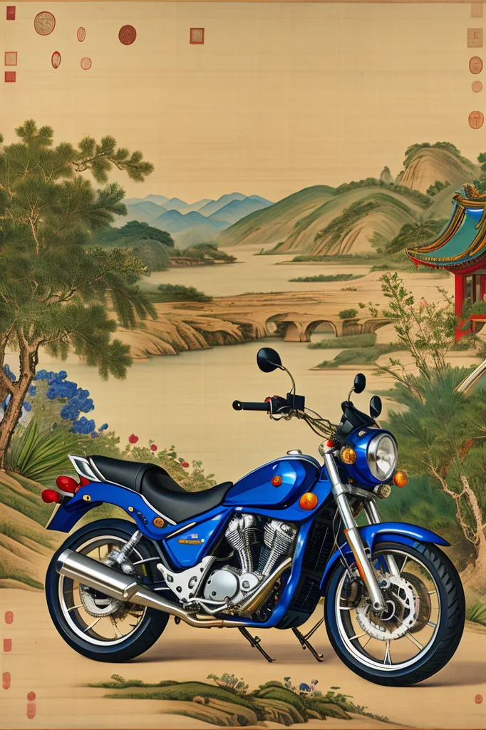 The image is a painting of a blue motorcycle in a Chinese landscape. The motorcycle is parked in the foreground, with a mountain range and a river in the background. There is a bridge over the river and a pavilion on the other side. The painting is done in a realistic style, with fine detail and shading.