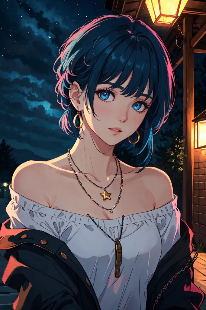 This is an image of a young woman with blue hair and blue eyes. She is wearing a white shirt and a black jacket. She is standing in front of a brick building with a lantern on it. The night sky is dark and there are stars in the sky.