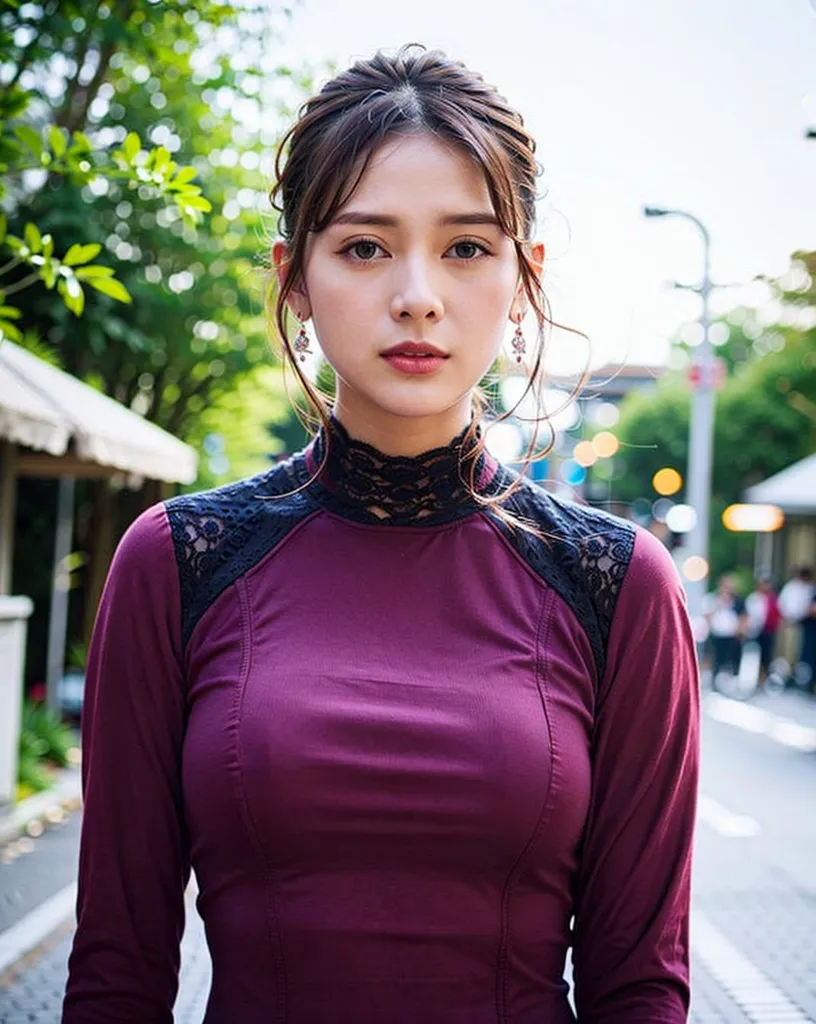 The picture shows a young woman, probably in her early 20s, with long dark hair, wearing a maroon colored long-sleeved dress with black lace overlay on the shoulders and around the neck. She is standing outside, probably on a city street, with trees and buildings in the background. The light is bright and there is a blur of people walking behind her.