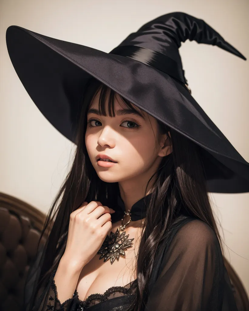 The photo shows a young woman, probably in her late teens or early twenties, with long black hair and bangs. She is wearing a black witch hat with a wide brim and a tall, pointed crown. The hat is trimmed with a black ribbon. She is also wearing a black choker with a silver pendant. The woman's expression is serious and thoughtful.