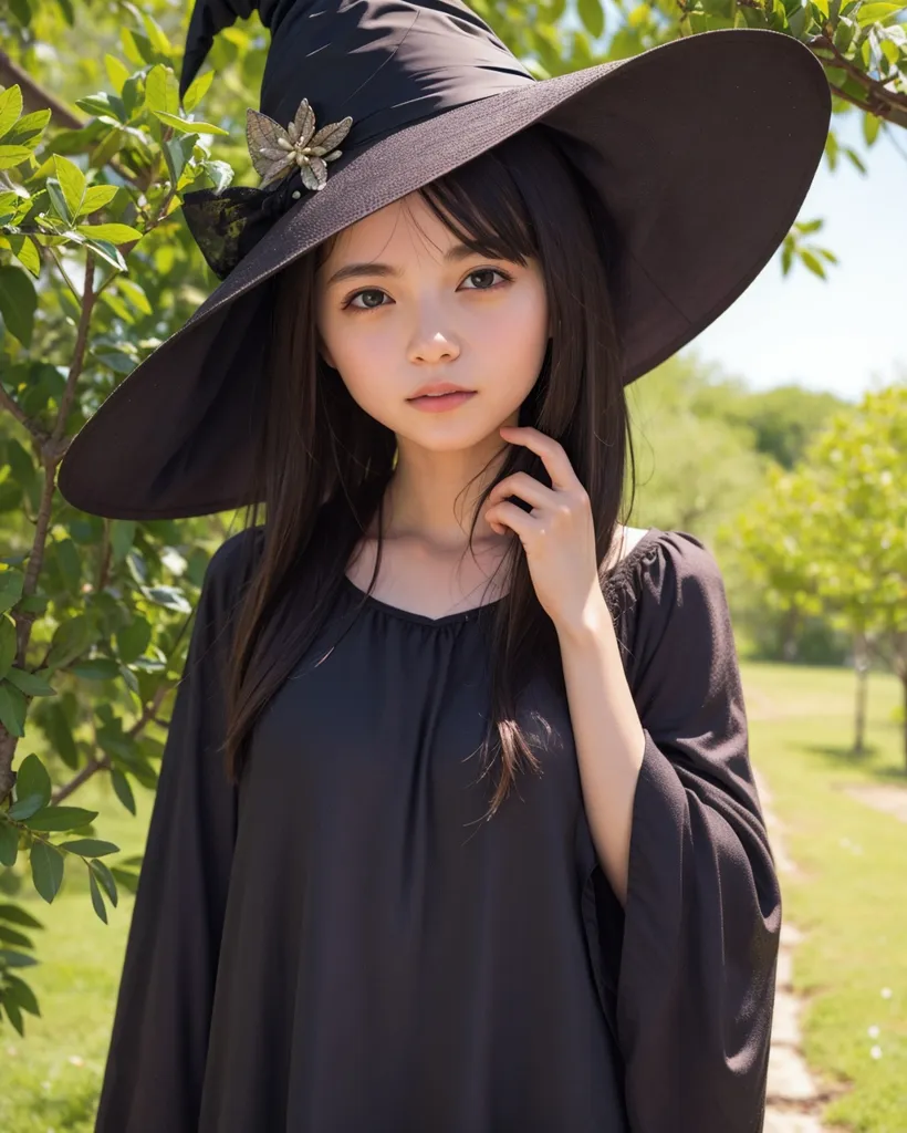 This image shows a young woman wearing a black witch hat with a gray flower pin on it. The hat has a wide brim and a tall, pointed crown. The woman has long, dark hair and light brown eyes. She is wearing a black dress with a white collar. The dress has long, loose sleeves. The woman is standing in a forest. There are green trees all around her. The sun is shining through the trees. The woman is looking at the camera. She has a serious expression on her face.