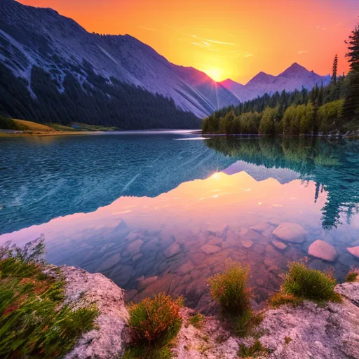 L'image montre un magnifique lac de montagne au coucher du soleil. Le ciel est un dégradé d'orange, de jaune, de rose et de bleu. Le soleil se couche derrière les montagnes, projetant une lueur dorée sur le lac. Les montagnes se reflètent dans l'eau avec des nuances de violet, de bleu et de vert. La rive est un mélange de rochers et de végétation. Il y a un gros rocher dans le coin inférieur gauche de l'image avec de l'herbe et des fleurs qui y poussent. L'eau est d'une limpidité cristalline et on peut voir les rochers et les galets au fond du lac. L'image est très paisible et sereine.