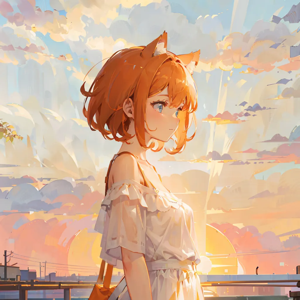 The image is a painting of a young girl with cat ears. She has short orange hair and blue eyes. She is wearing a white dress with a yellow bag. She is standing on a bridge, looking out at the sunset. The sky is a gradient of orange, yellow, pink, and blue. There are clouds in the sky. The painting is in a realistic style, and the artist has used a variety of techniques to create a sense of depth and realism.