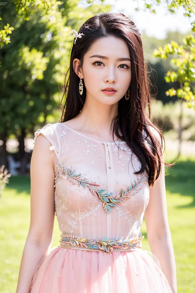 The image shows a young woman with long dark hair. She is wearing a sleeveless pink dress with a sweetheart neckline. The dress is embellished with intricate beading and sequins. She is also wearing a pair of diamond earrings and a diamond necklace. Her hair is pulled back in a loose bun and she is wearing a pair of light makeup. She is standing in a lush green garden and there are trees in the background.