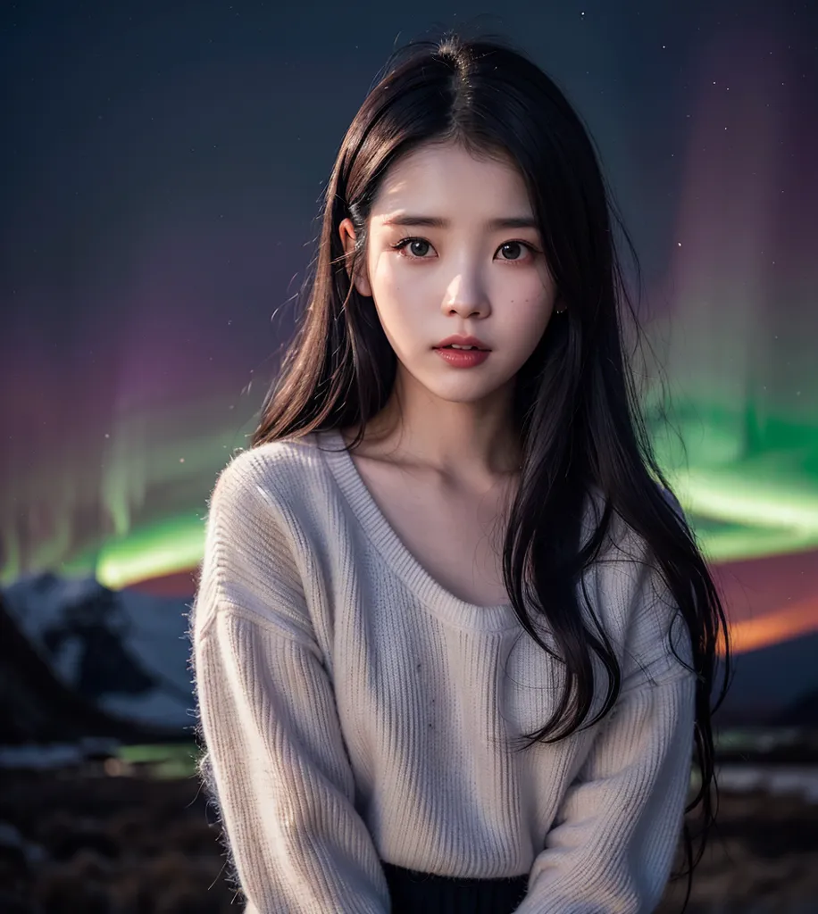 The image shows a young woman with long black hair and brown eyes. She is wearing a white sweater and has a slight smile on her face. The background is a dark blue night sky with a green and purple aurora.