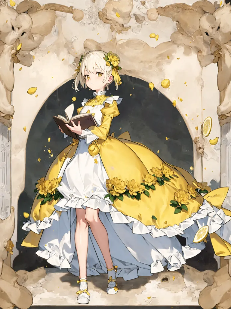 The image is a painting of a young girl in a yellow dress. The girl has long blonde hair and yellow eyes. She is wearing a white apron and a yellow sash. The dress is trimmed with white lace. The girl is standing in a room with a marble floor. There is a large window behind her and a statue to her right. The girl is holding a book. The book is open and she is reading it. There are lemons scattered around the girl.