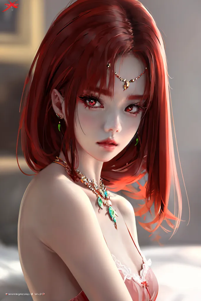 The image is a portrait of a beautiful woman with red hair and red eyes. She is wearing a white dress with a low neckline and a gold necklace with a green jewel in the center. She is also wearing a gold bracelet on her right wrist. Her hair is styled in a short, choppy bob with bangs and she has a small, beauty mark on her right cheek. She is looking at the viewer with a serious expression. The background is a soft, out-of-focus blur.