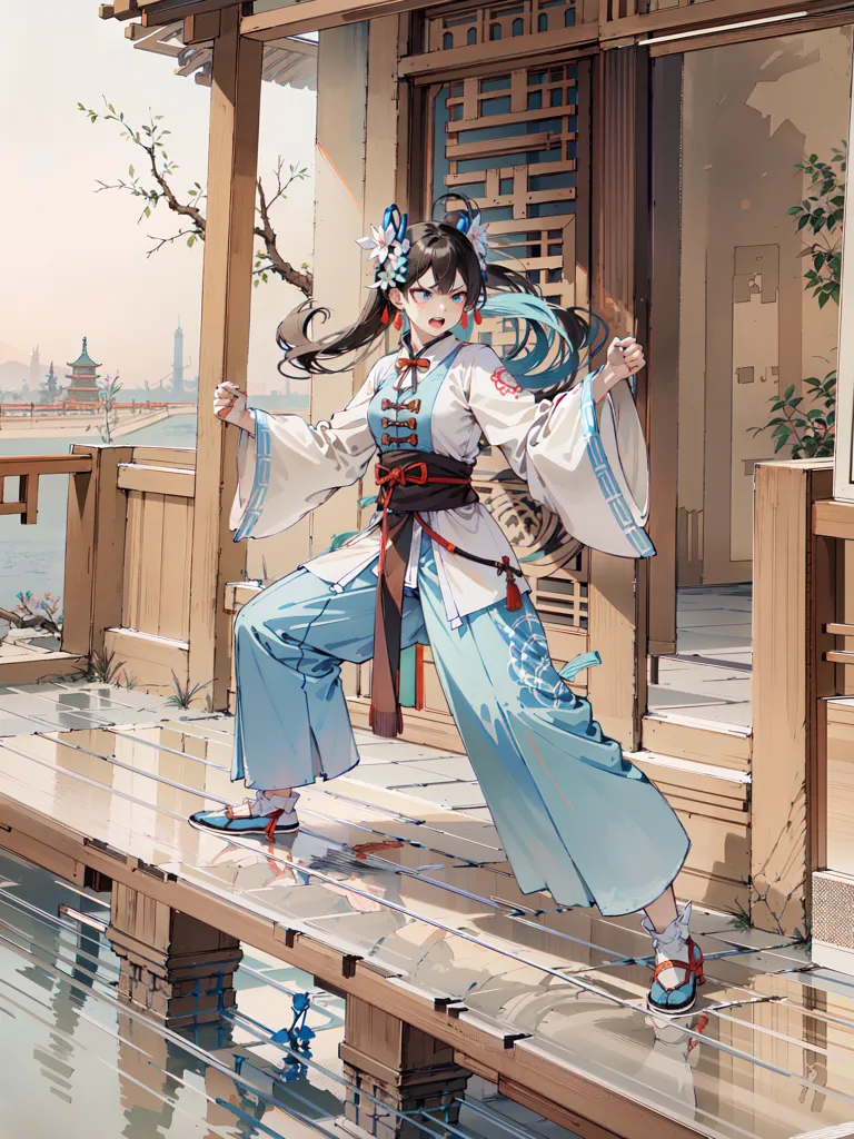 The image is of a young woman in a martial arts stance. She is wearing a white and blue outfit with a red belt. Her long brown hair is tied up in a ponytail. She is standing on a wooden walkway in front of a traditional Chinese building. The background is of a lake with a pavilion in the distance.