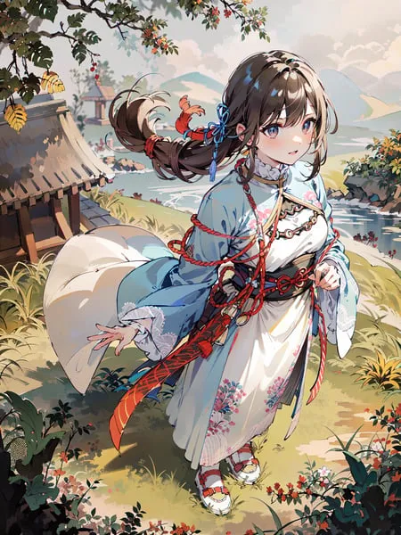 This image shows an anime girl with brown hair and blue eyes. She is wearing a white and blue kimono with a red obi and a red and white haori. She is also wearing zori sandals and has a small red bird in her hair. She is standing in a field of flowers and there is a house in the background. The background also includes a river and some trees. The girl is smiling and looks happy.