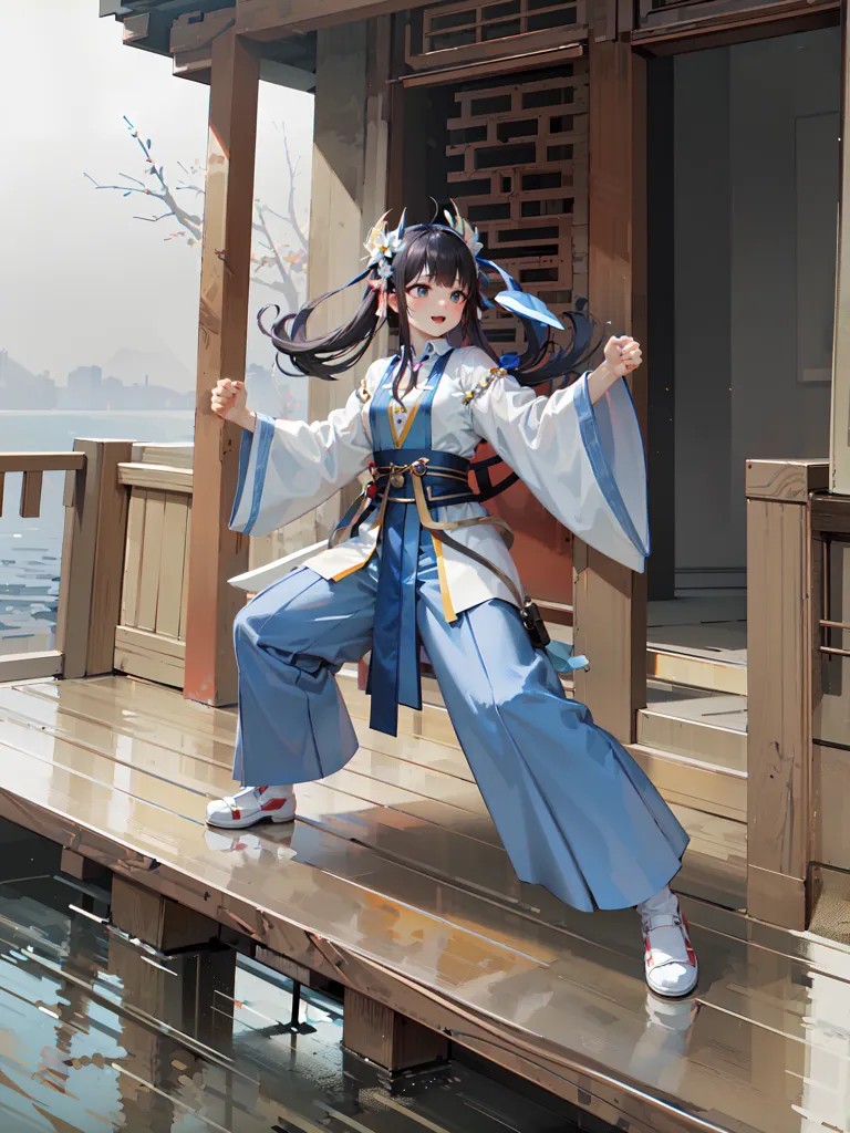 The image shows a young woman in a blue and white martial arts outfit standing on a wooden balcony. She has long dark hair and blue eyes, and she is wearing a white headband with a blue flower. She is also wearing white sneakers. The woman is standing in a fighting stance, with her fists raised and her feet shoulder-width apart. She has a determined look on her face, and it is clear that she is ready to fight. The background of the image is a lake with a small bridge in the distance. The sky is blue and the sun is shining, and the overall atmosphere of the image is one of peace and tranquility.