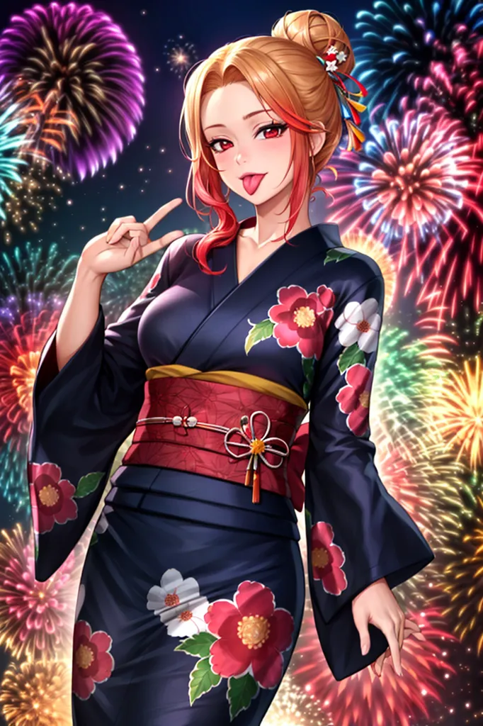 The image shows a young woman in a blue kimono with red and white flowers. She has her hair in a bun and is wearing red lipstick. She is standing in front of a background of fireworks. She has a playful expression on her face and is making a peace sign with her fingers.