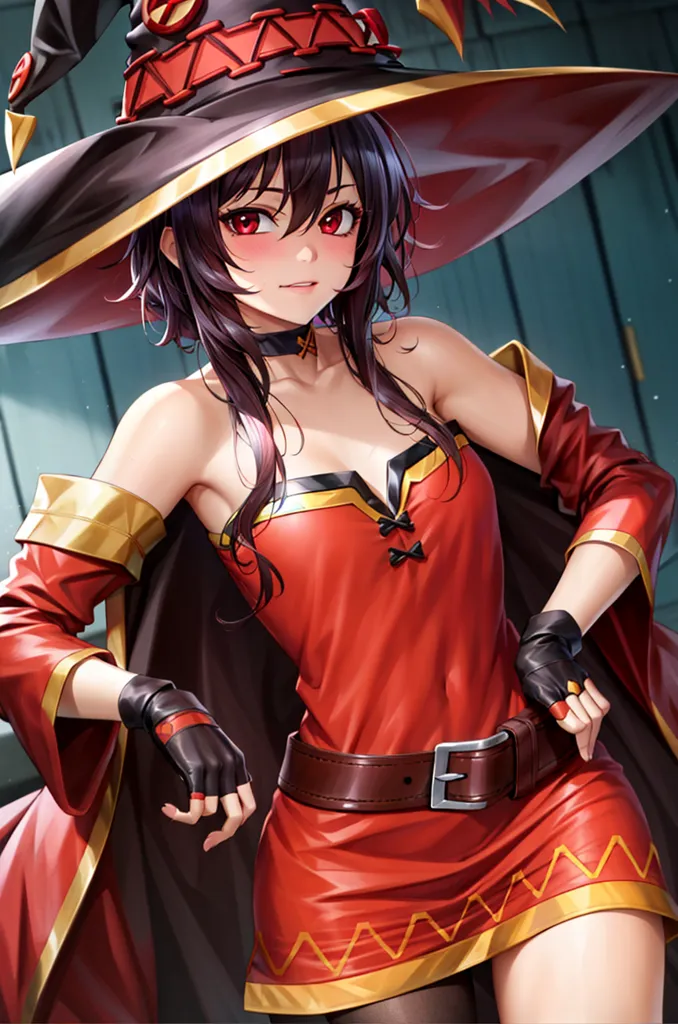 The image is of a young woman with long, dark hair and red eyes. She is wearing a red and black witch's hat with a white bow on the front. She is also wearing a red dress with a white collar and a brown belt. She is standing in front of a blue background with a green door.