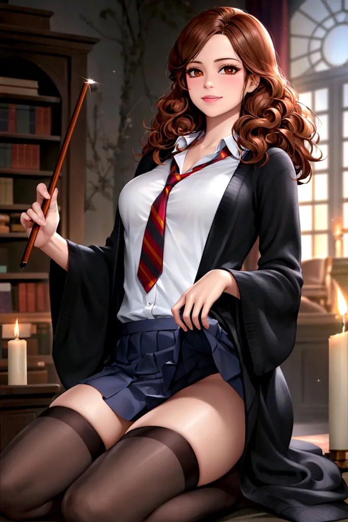 The image is of a young woman, sitting on a table, with a thoughtful expression on her face. She is wearing a white shirt, a red and yellow tie, and a black skirt. She is also wearing a black robe with a white trim. She has long, brown hair and brown eyes. She is holding a magic wand in her right hand. There are bookshelves and candles in the background.