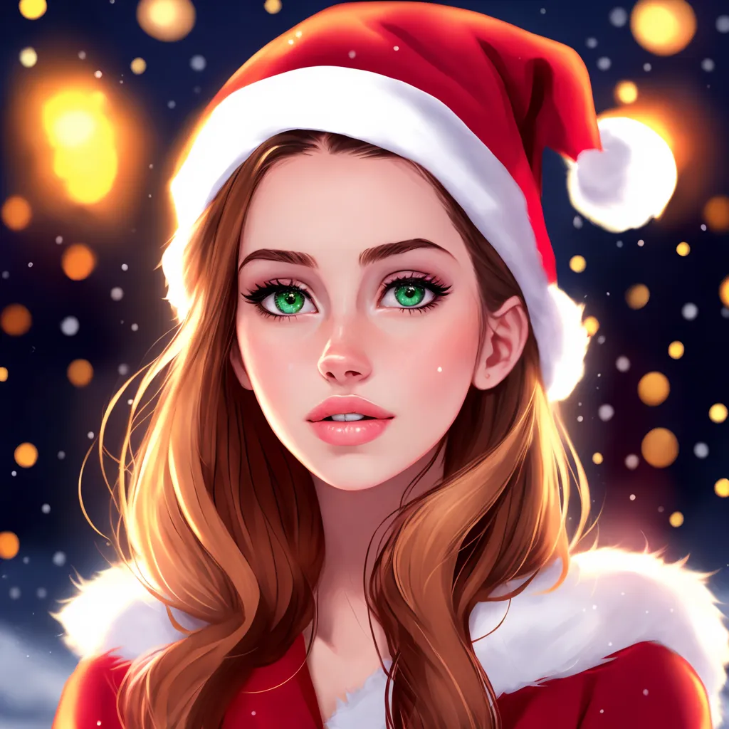 La imagen es un retrato de una mujer joven con cabello castaño largo y ojos verdes. Lleva un gorro de Papá Noel rojo con un borde de piel blanca. La mujer mira al espectador con una leve sonrisa en su rostro. Hay pequeñas luces borrosas y de color cálido en el fondo, y está nevando. La piel de la mujer es clara y sin imperfecciones, y su cabello está peinado en ondas sueltas. Lleva un abrigo rojo con un cuello de piel blanca. El abrigo está ribeteado con piel blanca. La mujer está de pie frente a un fondo azul oscuro.