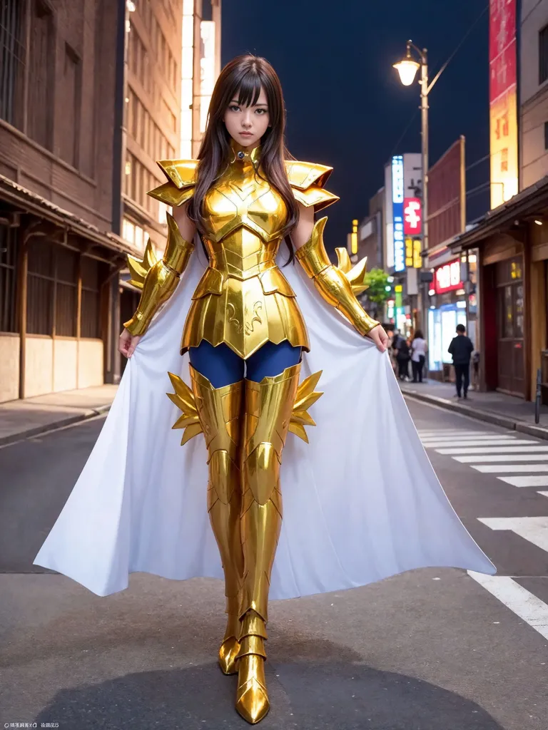 The image shows a young woman standing in a street. She is wearing a golden armor and a white cape. The armor has a breastplate with a V-shaped opening and a pair of shoulder pads. The woman has long brown hair and blue eyes. She is looking at the camera with a serious expression. The background of the image is a blurred street with people walking on it.