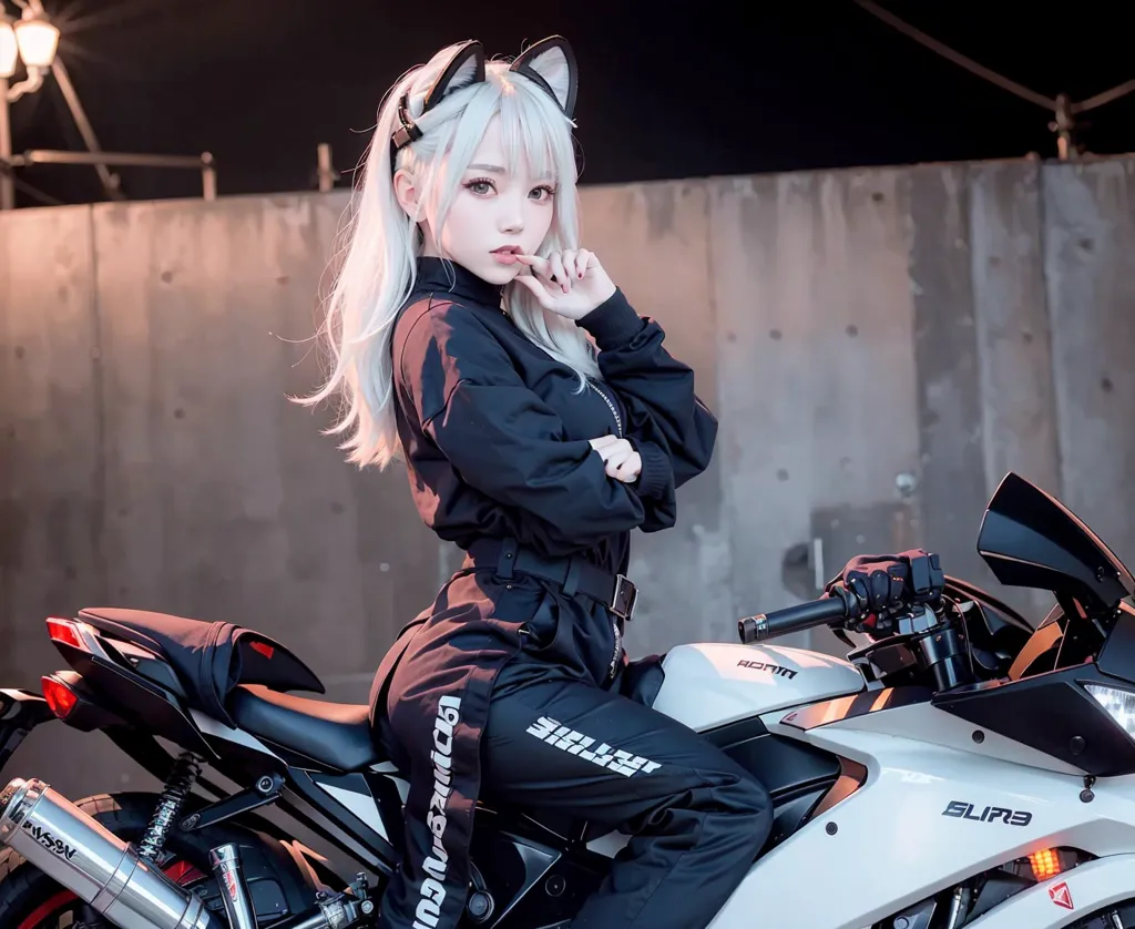 The image shows a young woman sitting on a black and white sport motorcycle. She is wearing a black jumpsuit with white stripes and cat ears. The woman has long white hair and blue eyes. She is sitting on the motorcycle with her right hand on the handlebars and her left hand on her chin. She is looking at the camera with a serious expression. The motorcycle is parked in a dark place with a concrete wall in the background.