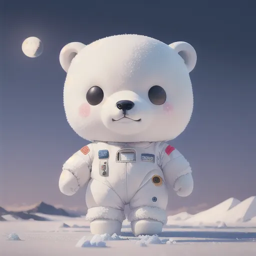 A imagem mostra um urso polar fofo e aconchegante usando um traje de astronauta. O urso está em pé sobre uma superfície nevada, com uma grande lua ao fundo. O urso olha para a câmera com um sorriso amigável. A imagem é renderizada em um estilo realista, com iluminação suave e texturas detalhadas.