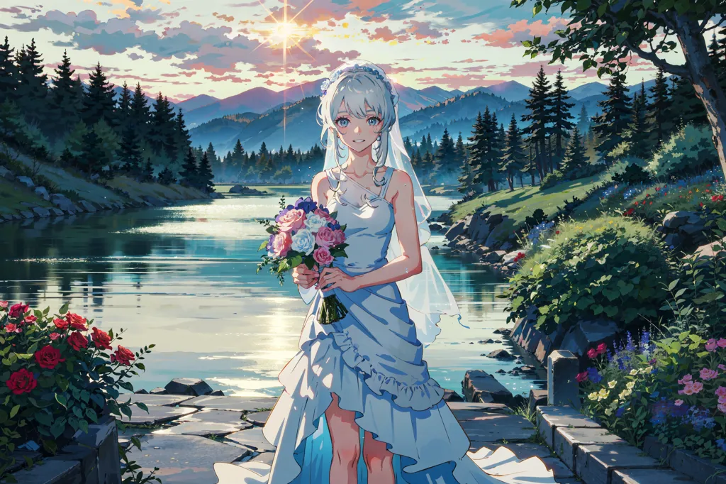 The image is a beautiful anime-style drawing of a bride standing on a stone path next to a lake. She is wearing a white wedding dress with a long veil and is holding a bouquet of pink and white roses. The background is a forest of green trees and mountains. The sky is blue with white clouds and the sun is shining.