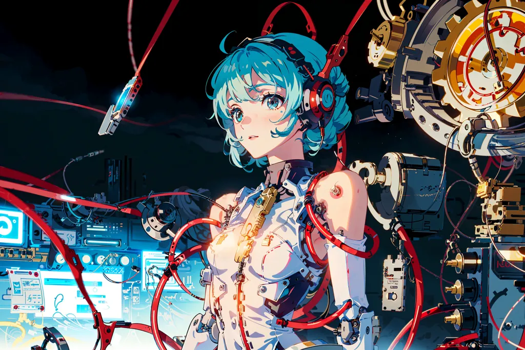 This is an image of a young woman with blue hair and red headphones. She is wearing a white dress with a lot of red wires attached to her body. She is standing in front of a large machine with a lot of gears and wires. The background is dark with a blue light on the left side.