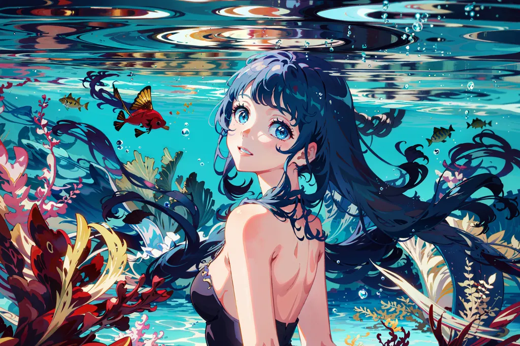 This is an image of a girl with long blue hair swimming in the ocean. She is wearing a black swimsuit. She has her eyes open and is looking up at something. There are fish and other sea creatures swimming around her. There are also plants growing on the ocean floor. The water is clear and blue.