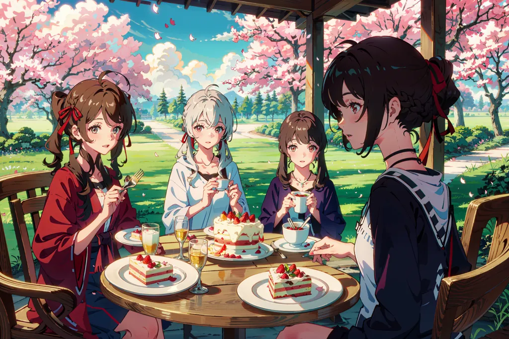 La imagen es de cuatro chicas anime sentadas en una mesa en un patio exterior, comiendo pastel y bebiendo té. La mesa está puesta con una variedad de postres, incluyendo pastel, galletas y fruta. Las chicas están todas vestidas con ropa casual y todas están sonriendo y hablando felizmente. En el fondo, hay cerezos en plena floración. El ambiente general de la imagen es de felicidad y relajación.