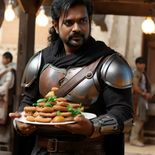 The image shows a man of Indian descent, with long black hair and a beard, wearing a black and brown vest and a silver pauldron on his right shoulder. He is holding a plate of food, which appears to be some kind of flatbread with vegetables on top. The man is standing in a السوق, or marketplace, and there are people walking around in the b