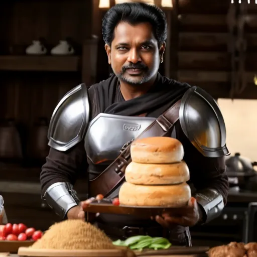 The image shows a dark-skinned man in a black shirt and brown leather vest. He is wearing a metal pauldron on his right shoulder and has a stack of four hamburger buns on a wooden cutting board in his hands. He is standing in a kitchen, and there are various food items on the counter behind him, including a bowl of cherry tomatoes, a bowl of spices, and a bunch of green onions. The man has a confident smile on his face, and he is looking at the camera.