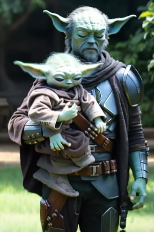 The image shows a group photo of two Star Wars characters, Grogu and Din Djarin. Grogu is a young alien child of the same species as Yoda, and Din Djarin is a Mandalorian bounty hunter who has become Grogu's guardian. The image is set in a forest, and Grogu is sitting on Din Djarin's shoulders. Din Djarin is wearing his Mandalorian armor, and Grogu is wearing a brown robe. Grogu is looking at the camera, and Din Djarin is looking down at Grogu. The image is taken from a low angle, making the characters look larger than l