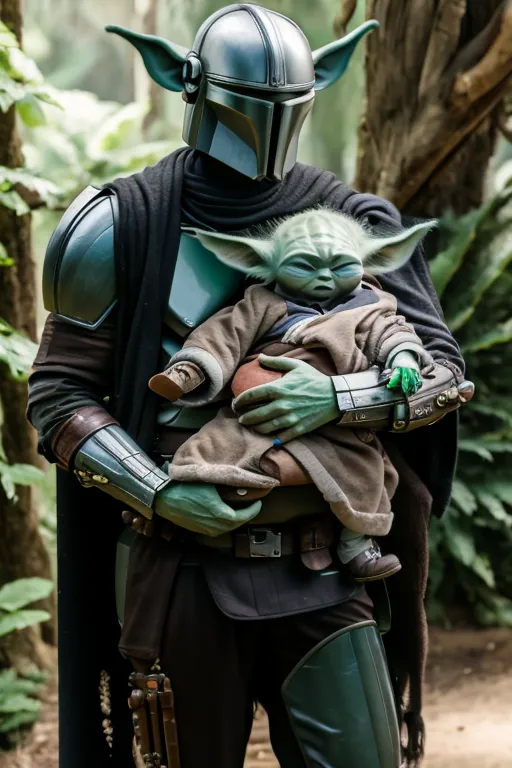 This image shows a Mandalorian, a fictional character from the Star Wars universe, carrying a young Grogu, also known as The Child, in his arms. The Mandalorian is wearing his iconic green and brown armor, with a helmet that has a T-shaped visor. He is also wearing a cape. Grogu is wearing a tan shirt and brown pants. He has large ears and green skin, and he is looking up at the Mandalorian. They are standing in a forest, with green trees and plants all around them.