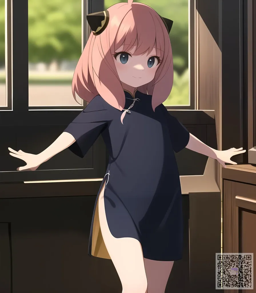 The image is of a young girl with pink hair and blue eyes. She is wearing a black cheongsam-style dress with a pink collar and black cat ears. She is standing in a doorway, with her left hand on the door frame and her right hand extended in front of her. She has a curious expression on her face.