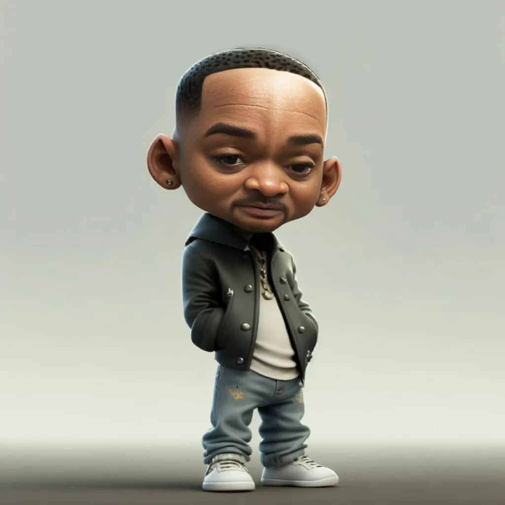 Gambar ini menunjukkan rendering 3D dari versi kartun Will Smith. Dia digambarkan dengan jaket hitam, kemeja putih, dan celana jeans biru. Dia juga mengenakan rantai emas dan anting berlian. Ekspresinya serius.