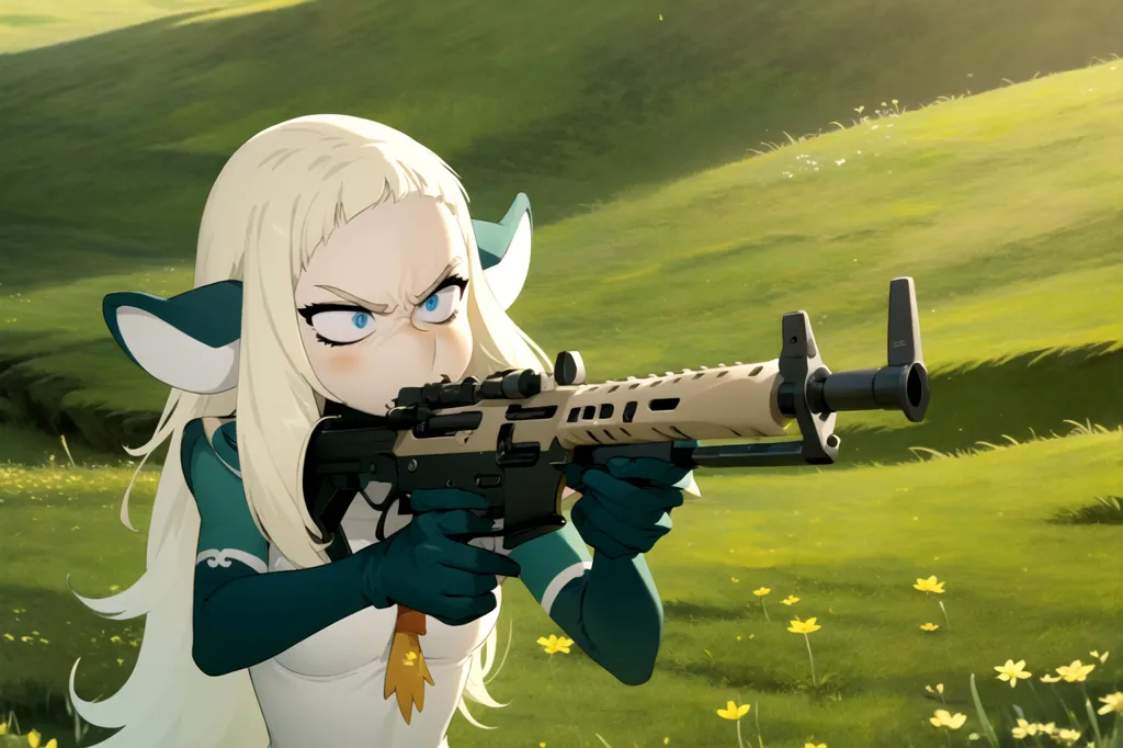 The image shows a humanoid creature with white hair and goat-like ears. She is wearing a white and green outfit and is holding a gun. She is standing in a grassy field and is looking at the viewer with an angry expression.