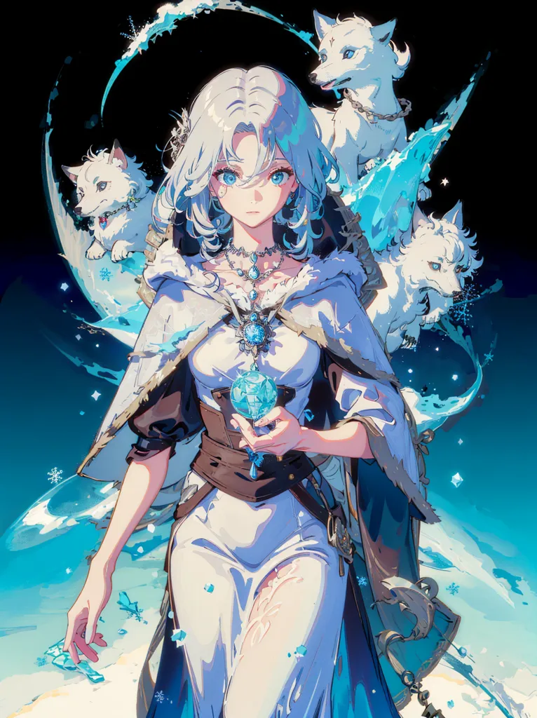 The picture shows a beautiful anime girl with long white hair and blue eyes. She is wearing a white dress with a blue sash and a white cape. She is also wearing a necklace with a blue gem in the center. She is standing in a snowy forest, and there are three white wolves around her. The girl is smiling, and she seems to be happy. The wolves are also happy, and they are wagging their tails. The picture is very detailed, and the artist has done a great job of capturing the beauty of the girl and the wolves.