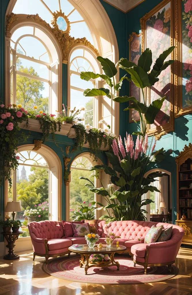 The image is a living room with a large bay window. The room is decorated in a classic style with pink and green accents. There are two pink sofas, a coffee table, and several armchairs in the room. The floor is covered with a Persian rug. The walls are decorated with paintings and mirrors. There are also several plants in the room. The room is bright and airy and has a view of a beautiful garden.